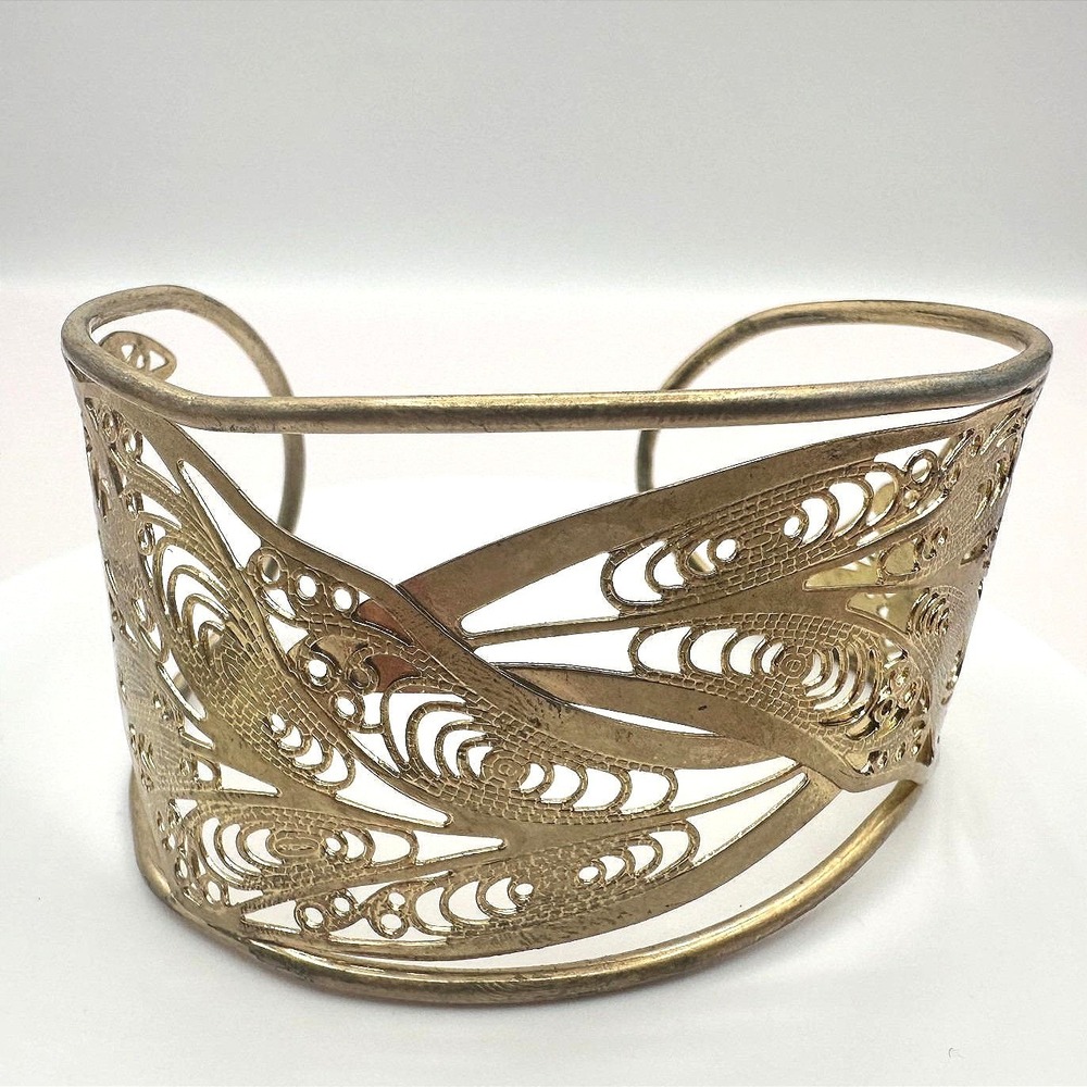 Vintage 80s 90s Gold Tone Filigree Wide Hand Bracelet Statement Boho Jewelry Y2K
